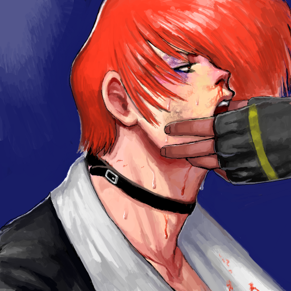 1boy blood bloody_clothes bruise_on_face choker dark_skin looking_up male_focus open_mouth out_of_frame profile red_eyes redhead sweat the_king_of_fighters upper_body yagami_iori