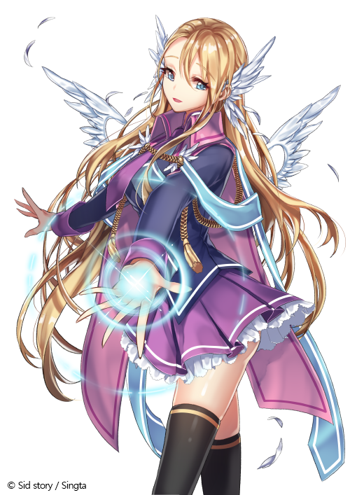 1girl angel_wings blonde_hair blue_eyes cape copyright_name interitio long_hair official_art outstretched_arms sid_story skirt smile solo spread_arms thigh-highs wings