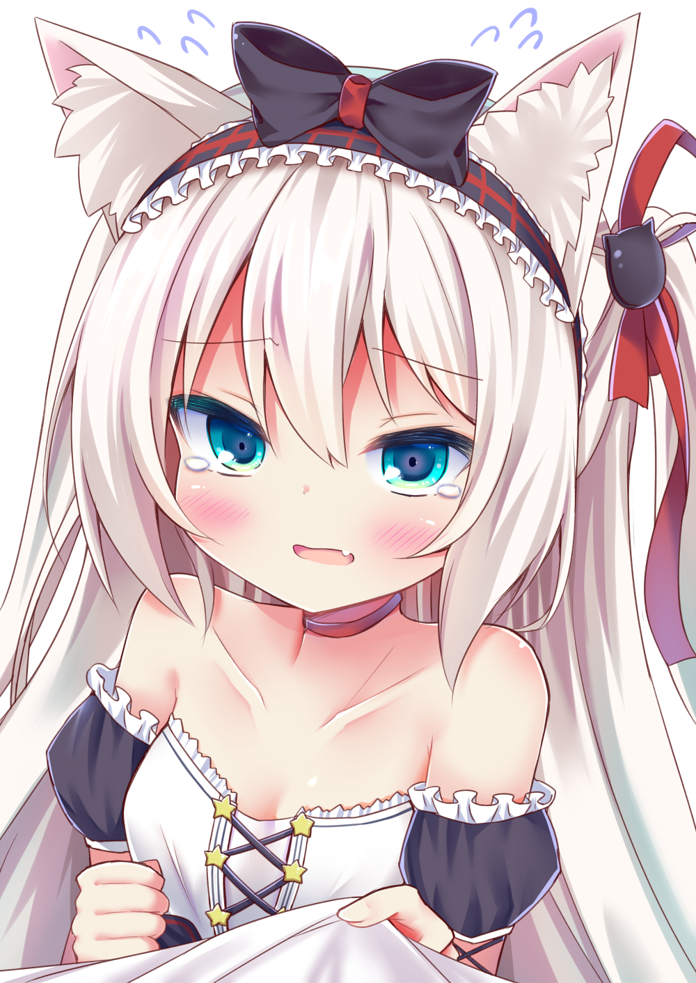 1girl animal_ears aqua_eyes azur_lane bare_shoulders blush bow breasts cat_ears choker collarbone dress esureki eyebrows_visible_through_hair fang flying_sweatdrops frilled_dress frilled_hairband frills hair_between_eyes hair_bow hair_ribbon hairband hammann_(azur_lane) highres long_hair looking_at_viewer one_side_up open_mouth puffy_sleeves remodel_(azur_lane) ribbon small_breasts solo star tears white_hair