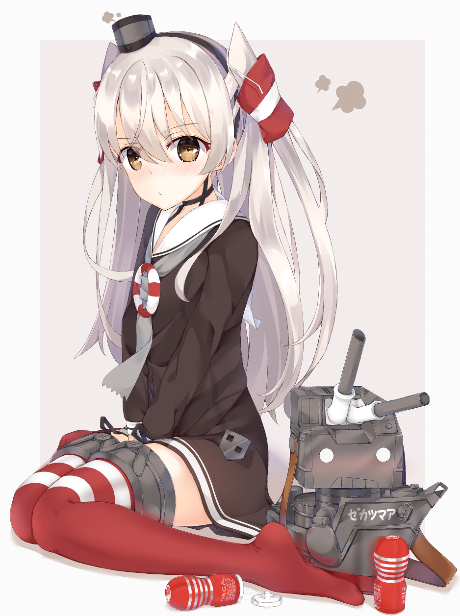 1girl amatsukaze_(kantai_collection) bangs black_choker blush brown_dress brown_eyes closed_mouth commentary_request dress eyebrows_visible_through_hair garter_straps grey_neckwear hair_between_eyes hair_tubes highres kantai_collection lifebuoy long_hair looking_at_viewer niruanu_(nitayam) no_shoes nose_blush red_legwear rensouhou-kun sailor_dress see-through short_dress silver_hair sitting thigh-highs two_side_up very_long_hair wariza windsock