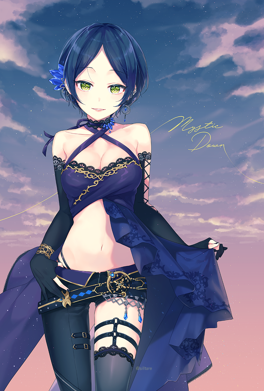 1girl asymmetrical_clothes bangs bare_shoulders belt black_gloves black_nails black_pants bracelet breasts cleavage clouds collarbone cowboy_shot criss-cross_halter earrings elbow_gloves english eyebrows_visible_through_hair gloves gradient_sky halterneck hand_on_hip hayami_kanade highres idolmaster idolmaster_cinderella_girls idolmaster_cinderella_girls_starlight_stage jewelry lace_trim lips looking_at_viewer medium_breasts nail_polish navel outdoors pants parted_bangs parted_lips partly_fingerless_gloves silltare single_pantsleg single_thighhigh sky smile solo standing star_(sky) starry_sky stimpy stomach thigh-highs thigh_strap thong twilight twitter_username