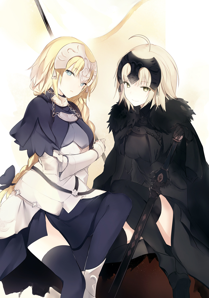 2girls ahoge armor black_cape black_dress black_legwear blonde_hair blue_eyes blue_legwear blue_ribbon blue_skirt boots braid breasts cape capelet closed_mouth commentary_request dress eyebrows_visible_through_hair fate/grand_order fate_(series) faulds flag gauntlets hair_ribbon headpiece janne_d'arc jeanne_d'arc_(alter)_(fate) jeanne_d'arc_(fate) jeanne_d'arc_(fate)_(all) long_hair looking_at_viewer lpip medium_breasts multiple_girls parted_lips ribbon short_hair single_braid sitting skirt smile sword thigh-highs tress_ribbon underbust very_long_hair weapon yellow_eyes