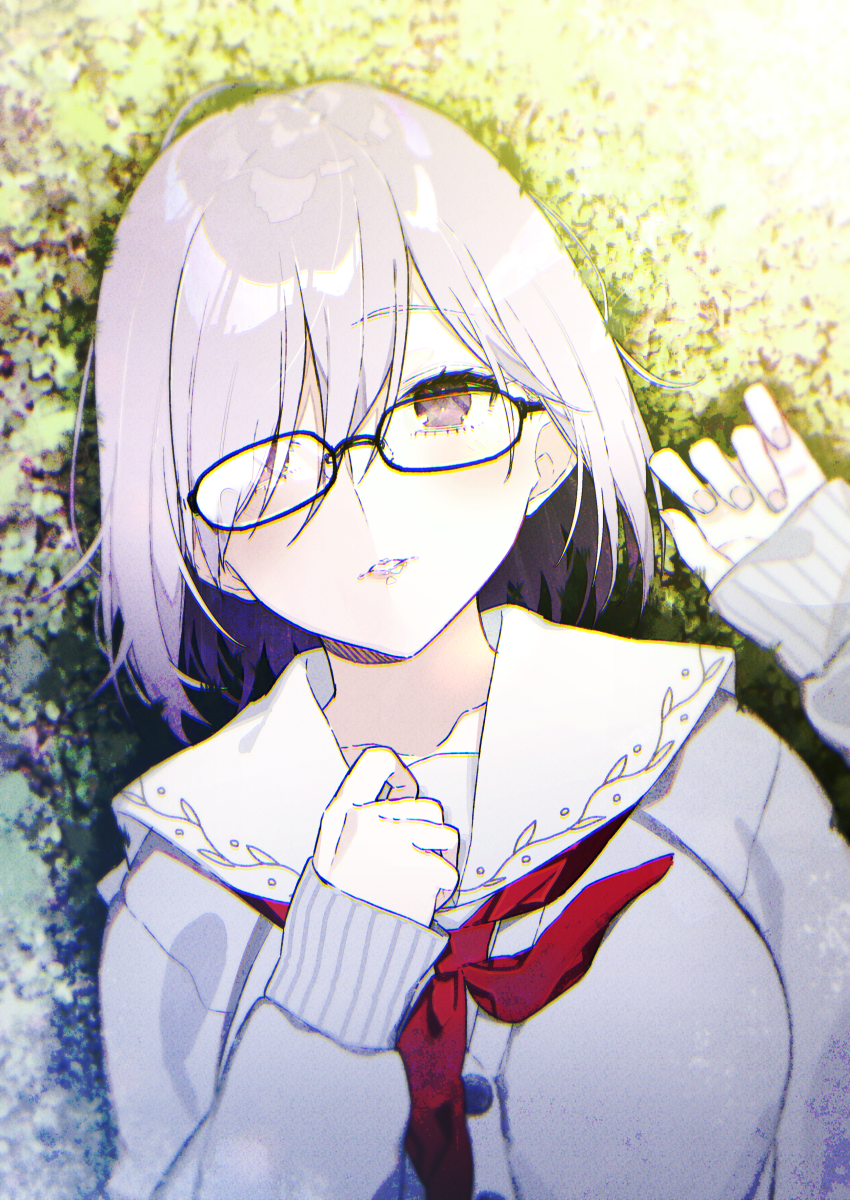 1girl bangs black-framed_eyewear cardigan day fate/grand_order fate_(series) grass hair_over_one_eye hands_up highres kayahara lips looking_at_viewer mash_kyrielight outdoors parted_lips purple_hair school_uniform serafuku short_hair sleeves_past_wrists solo upper_body violet_eyes