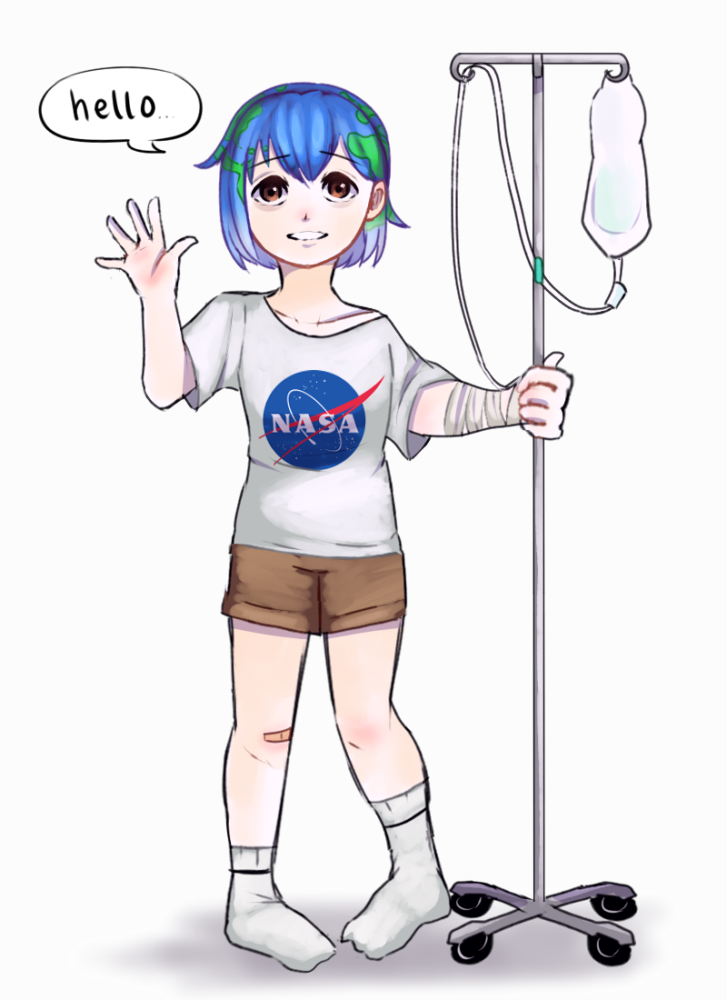 1girl asian bandage brown_eyes brown_shorts datweirdowholuvsmilk earth earth-chan gijinka grin hospital intravenous_drip looking_at_viewer nasa original planet shirt short_hair shorts small_breasts smile socks solo white_background white_shirt