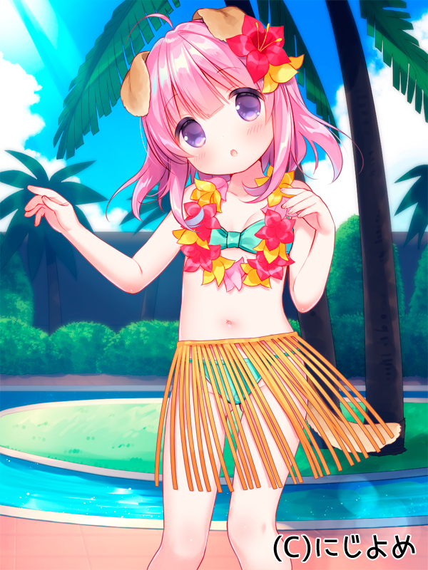 1girl :o animal_ears aqua_bikini bangs bare_arms bare_shoulders bikini blue_sky blush breasts clouds commentary_request day dog_ears dog_girl dog_tail eyebrows_visible_through_hair fingernails flower flower_wreath grass_skirt hair_between_eyes hair_flower hair_ornament head_tilt hibiscus long_hair looking_at_viewer official_art outdoors palm_tree parted_lips pink_hair sky small_breasts solo standing sunlight swimsuit tail tree usashiro_mani valhalla_valkyries violet_eyes