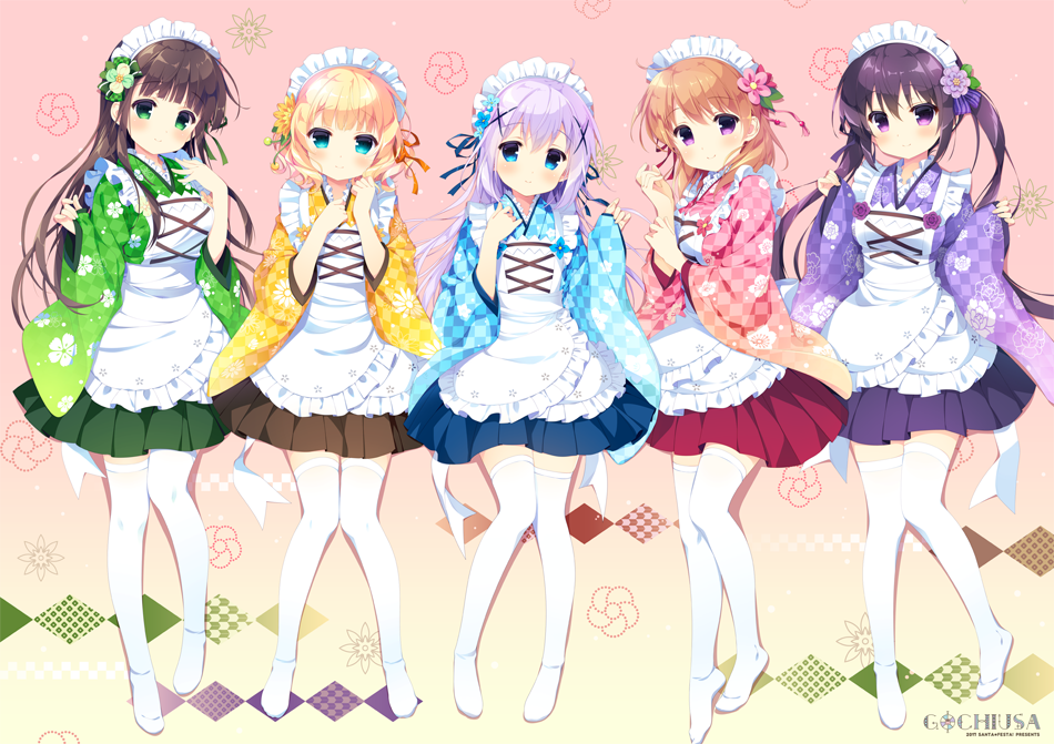 5girls alternate_costume apron aqua_eyes bangs blonde_hair blue_eyes blue_flower blue_kimono blue_ribbon blue_skirt blunt_bangs blush breasts brown_hair brown_skirt checkered checkered_kimono circle_name closed_mouth commentary_request copyright_name eyebrows_visible_through_hair flat_chest floral_print flower full_body gochuumon_wa_usagi_desu_ka? gradient gradient_background green_eyes green_flower green_kimono green_skirt hair_between_eyes hair_flower hair_ornament hairclip hoto_cocoa japanese_clothes kafuu_chino kimono kimono_skirt kirima_sharo light_blue_hair long_hair long_sleeves looking_at_viewer maid_apron maid_headdress matching_outfit multiple_girls no_shoes orange_hair pink_flower pink_kimono pleated_skirt print_kimono purple_hair purple_kimono purple_ribbon purple_skirt red_ribbon red_skirt ribbon santa_matsuri shadow short_hair sidelocks skirt sleeves_past_wrists small_breasts smile standing star star_print tedeza_rize thigh-highs twintails two-tone_background ujimatsu_chiya violet_eyes wa_maid wavy_hair white_apron white_flower white_legwear wide_sleeves x_hair_ornament yellow_flower yellow_kimono