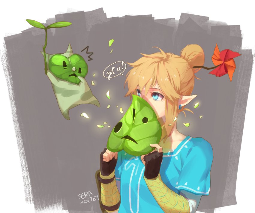 1boy artist_request blonde_hair hair_bun leaf link long_hair male_focus pointy_ears solo the_legend_of_zelda the_legend_of_zelda:_breath_of_the_wild