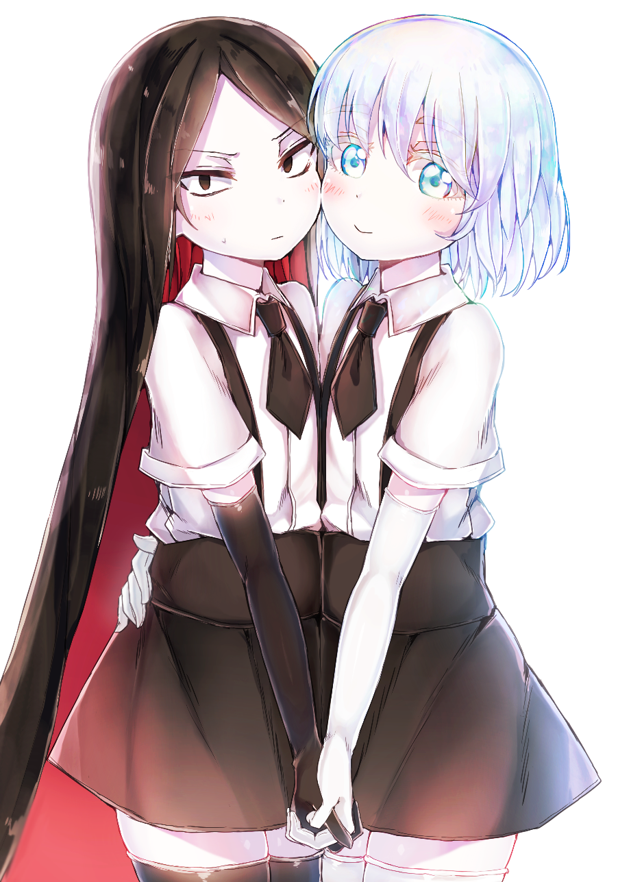 androgynous black_eyes black_gloves black_hair black_legwear black_neckwear black_shorts blush bort collared_shirt diamond_(houseki_no_kuni) elbow_gloves gloves hand_holding highres houseki_no_kuni long_hair looking_at_viewer multicolored multicolored_eyes multicolored_hair necktie re-ka shirt short_hair short_sleeves shorts simple_background smile thigh-highs uniform white_background white_gloves white_legwear white_shirt