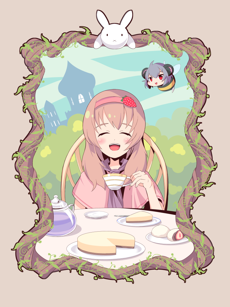 2girls alice_margatroid animal_ears blush brown_hair cheesecake closed_eyes cookie_(touhou) cup eyebrows_visible_through_hair facing_viewer food fruit grey_hair hairband holding holding_cup ichigo_(cookie) long_hair mouse_ears multiple_girls nazrin nyon_(cookie) open_mouth pika_(seiga797047) plate red_eyes sitting smile strawberry teacup teapot touhou