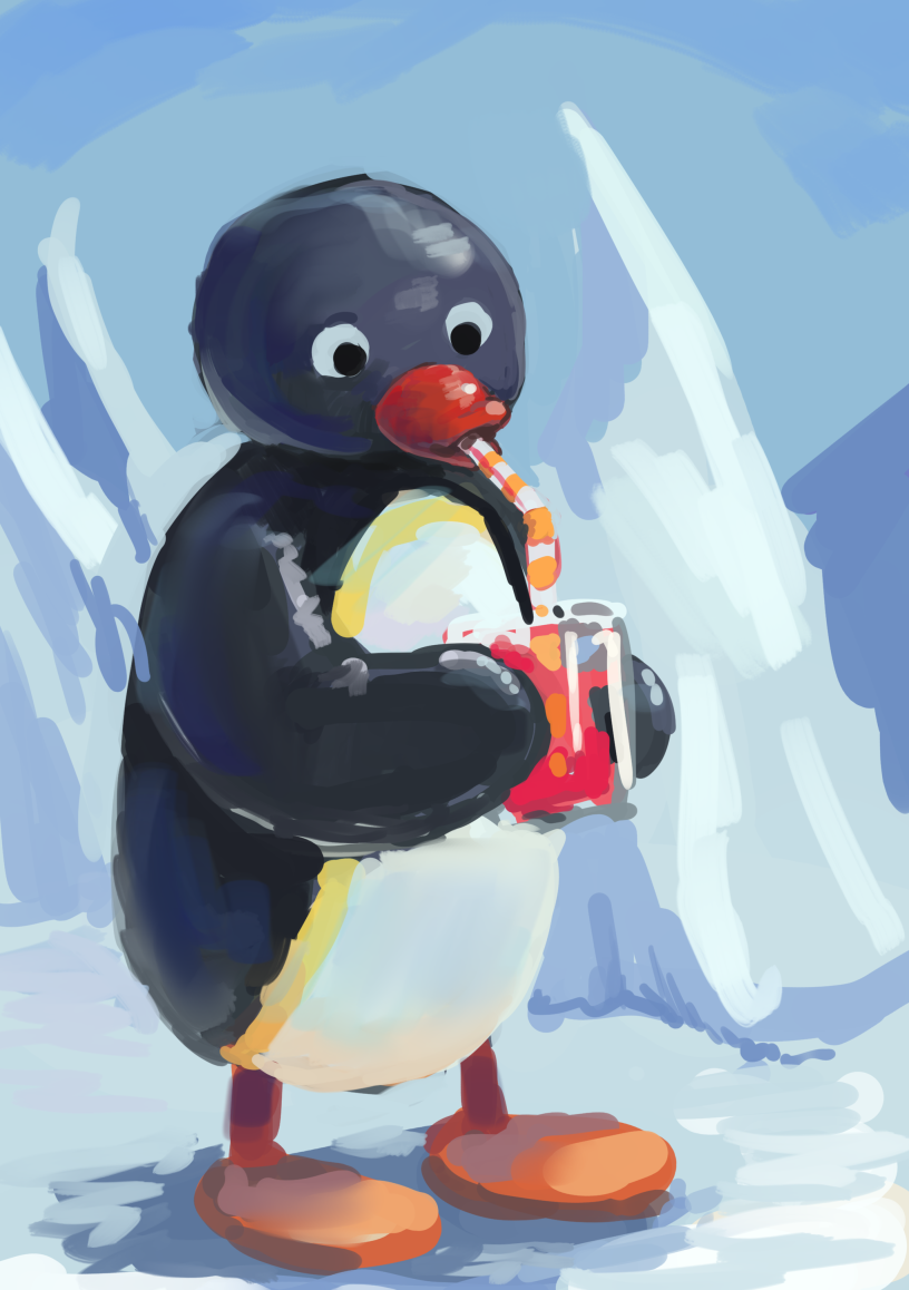 bird chanta_(ayatakaoisii) drinking_straw full_body holding ice looking_down no_humans penguin pingu pingu_(series) sipping solo standing