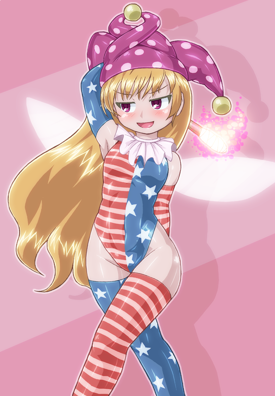 1girl alternate_legwear american_flag american_flag_gloves american_flag_legwear american_flag_print arm_behind_back arm_behind_head arm_up bare_shoulders blonde_hair clownpiece commentary_request elbow_gloves fairy_wings fire flag_print gloves hat highleg highleg_leotard holding jester_cap leotard neck_ruff open_mouth pink_background pink_eyes polka_dot smile solo star star_print striped thigh-highs torch touhou wings winn