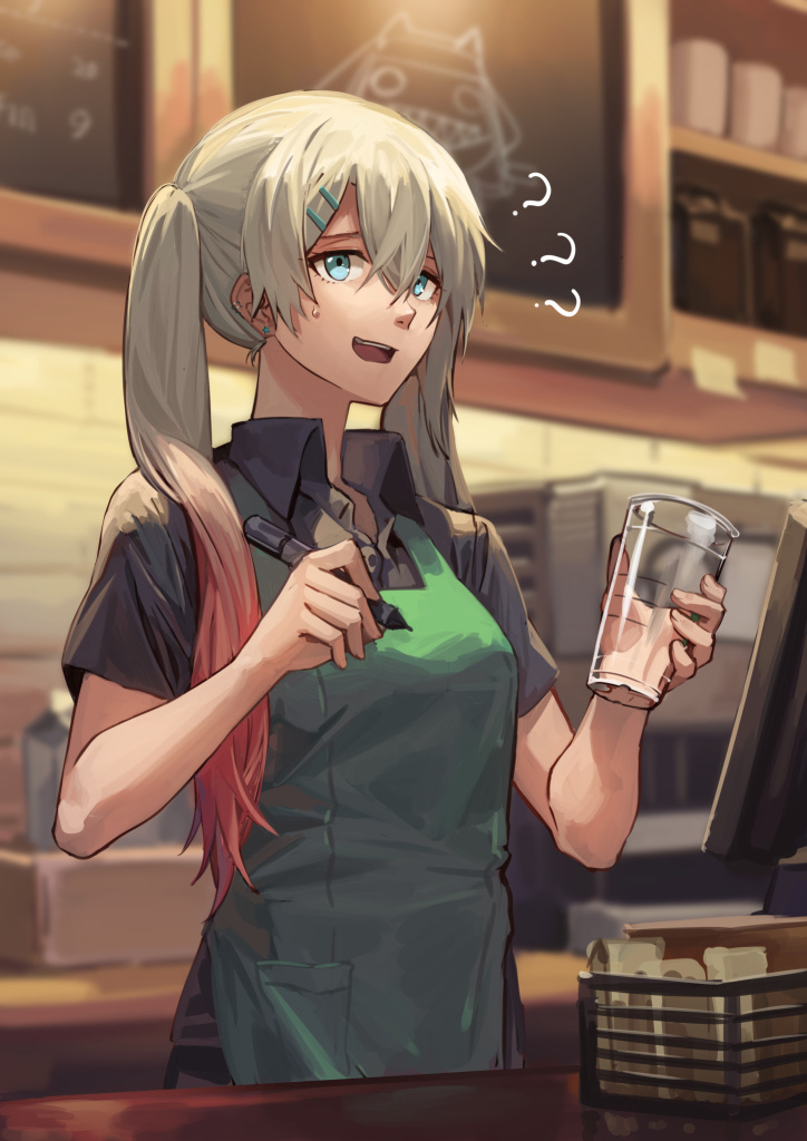 1girl ? apron blue_eyes blurry breasts depth_of_field earrings girls_frontline hair_between_eyes hair_ornament hair_over_shoulder hairclip indoors jewelry lwmmg_(girls_frontline) marker multicolored_hair open_mouth pink_hair rff_(3_percent) short_sleeves silver_hair small_breasts smile solo starbucks sweatdrop twintails two-tone_hair