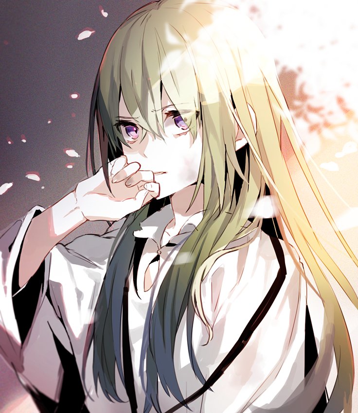 1boy androgynous bruise commentary_request eihi enkidu_(fate/strange_fake) eyebrows_visible_through_hair fate/strange_fake fate_(series) green_hair hair_between_eyes injury long_hair long_sleeves looking_at_viewer male_focus parted_lips robe solo upper_body violet_eyes white_robe wiping_face