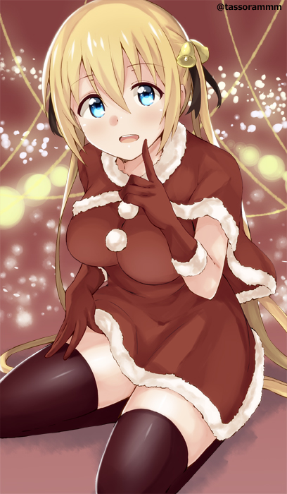 1girl bangs bell black_legwear black_ribbon blend_s blonde_hair blue_eyes blush breasts brown_capelet brown_dress brown_gloves commentary_request dress eyebrows_visible_through_hair fur-trimmed_capelet fur-trimmed_dress fur-trimmed_gloves fur_trim gloves hair_bell hair_between_eyes hair_ornament hair_ribbon hand_up head_tilt hinata_kaho index_finger_raised large_breasts long_hair looking_at_viewer parted_lips ribbon santa_costume sitting smile solo tasora thigh-highs twintails twitter_username very_long_hair wariza