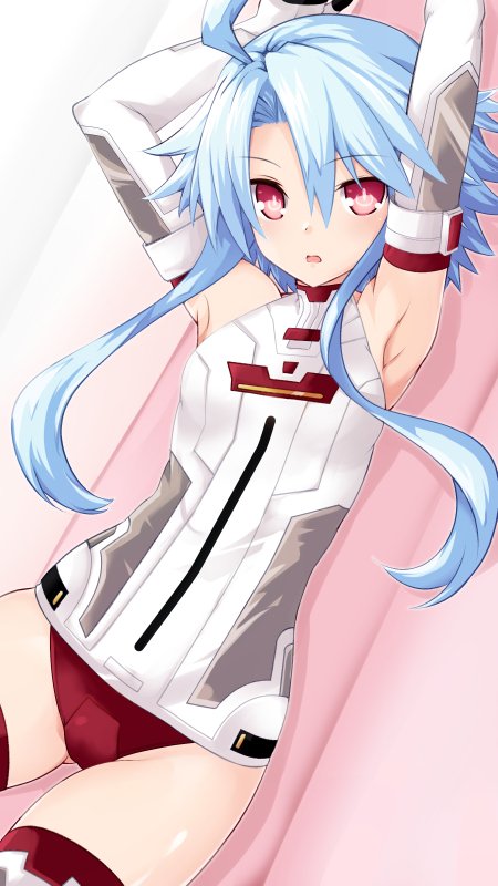 1girl armpits arms_up bare_shoulders blue_hair elbow_gloves gloves iwasi-r kami_jigen_game_neptune_v leotard looking_at_viewer neptune_(series) open_mouth power_symbol red_eyes short_hair short_hair_with_long_locks solo symbol-shaped_pupils white_heart