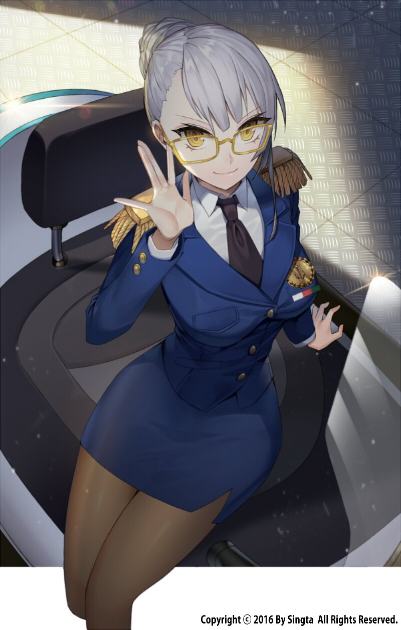1girl arm_support bangs black_neckwear blue_jacket blue_skirt breasts brown_legwear carchet closed_mouth collared_shirt cropped_legs epaulettes eyebrows_visible_through_hair from_above glasses hair_between_eyes hair_bun hand_up highres indoors insignia jacket large_breasts long_sleeves looking_at_viewer looking_up military military_uniform necktie official_art pantyhose pencil_skirt qurare_magic_library shirt silver_hair sitting skirt smile uniform v-shaped_eyebrows white_shirt wing_collar yellow-framed_eyewear yellow_eyes