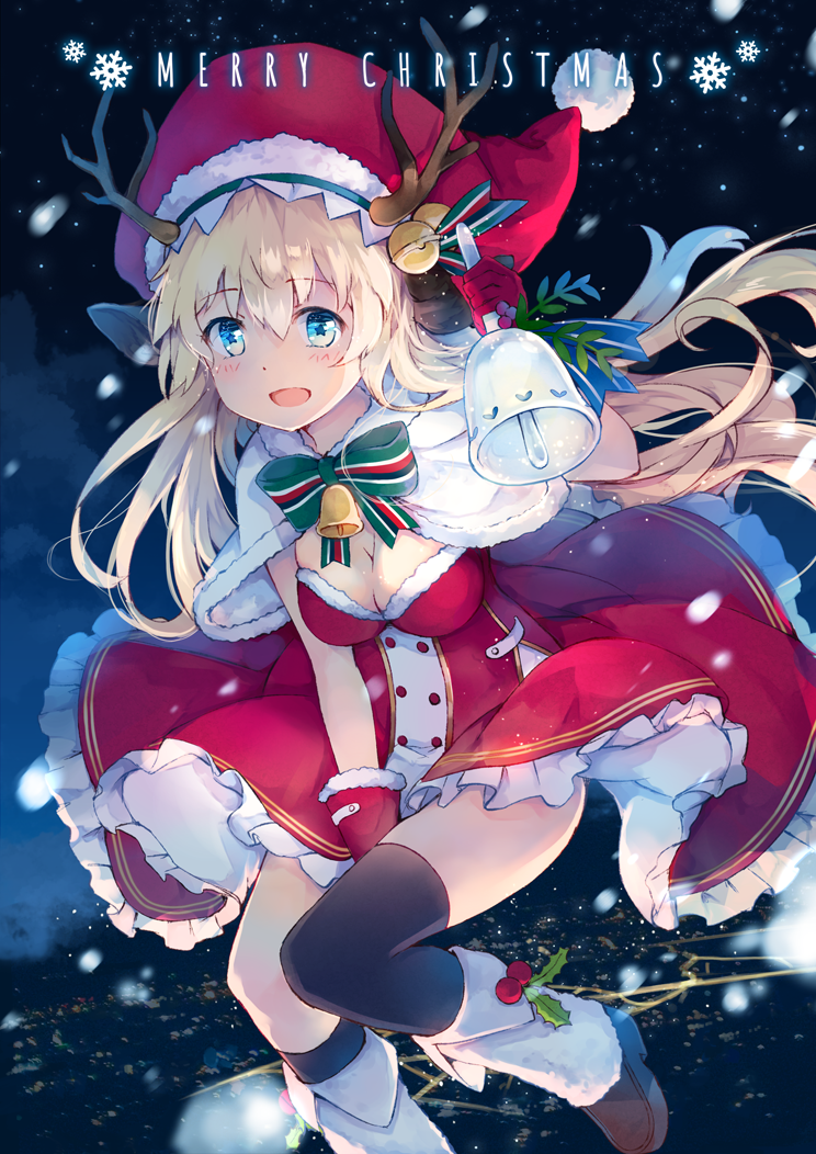 1girl :d animal_ears antlers asymmetrical_legwear bell between_legs black_legwear blonde_hair blue_eyes boots capelet christmas clouds commentary_request dress fur_trim gloves hand_between_legs hat holly ivy1993 jingle_bell kneehighs long_hair looking_at_viewer merry_christmas night night_sky open_mouth original pom_pom_(clothes) red_dress red_gloves reindeer_antlers reindeer_ears santa_costume santa_gloves santa_hat sky smile snowflakes solo star star-shaped_pupils symbol-shaped_pupils thigh-highs