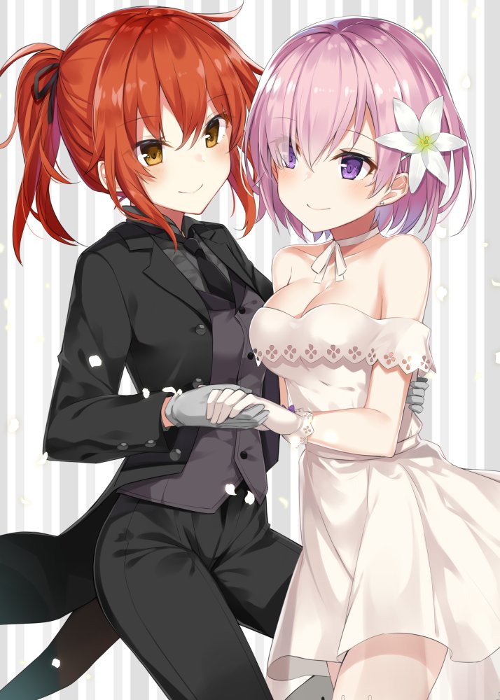 2girls alternate_costume bangs bare_shoulders black_jacket black_neckwear black_pants black_ribbon breasts choker cleavage closed_mouth cowgirl_position dress earrings eye_contact eyes_visible_through_hair fate/grand_order fate_(series) flower formal fujimaru_ritsuka_(female) gloves grey_gloves hair_flower hair_ornament hair_over_one_eye hair_ribbon hand_holding hand_on_another's_back jacket jewelry long_sleeves looking_at_another mash_kyrielight medium_breasts multiple_girls necktie open_clothes open_jacket orange_hair pants petals pink_hair ponytail ribbon ribbon_choker shiny shiny_hair short_hair smile standing straddling striped stud_earrings suit takehana_note tareme vertical-striped_background vertical_stripes violet_eyes white_choker white_dress wing_collar yellow_eyes yuri