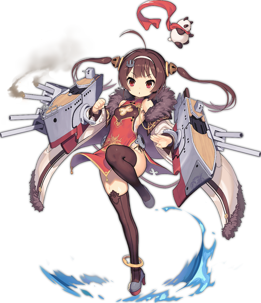 1girl ahoge azur_lane black_legwear brown_hair cannon china_dress chinese_clothes clenched_hand dress fighting_stance headband jacket leg_up looking_at_viewer official_art panda ping_hai_(azur_lane) red_eyes scarf shoes solo thigh-highs transparent_background tsliuyixin twintails