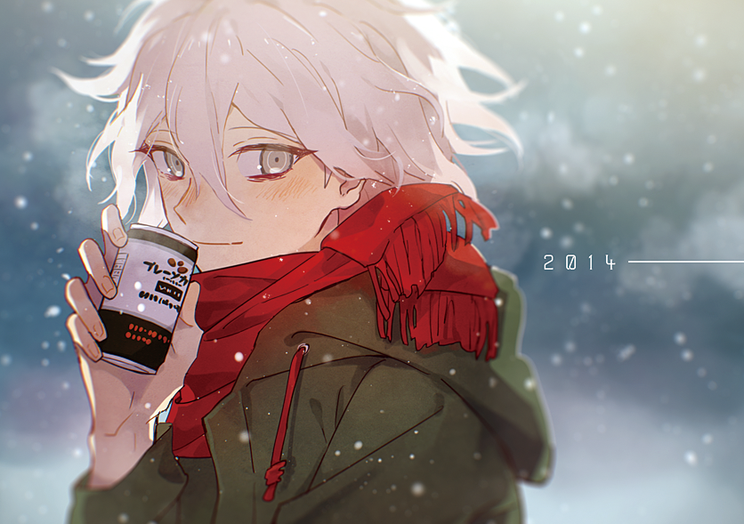 1boy bangs black_coat blush breath can closed_mouth commentary_request dangan_ronpa day drawstring grey_eyes hair_between_eyes holding holding_can io_(sinking=carousel) komaeda_nagito light_smile long_sleeves looking_at_viewer male_focus nose_blush red_scarf scarf snowing solo sunlight super_dangan_ronpa_2 upper_body white_hair