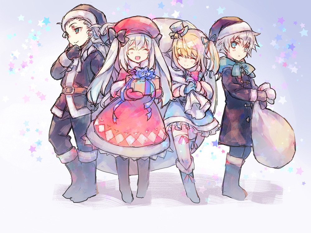 1girl 2boys ^_^ androgynous beret black_coat black_gloves blonde_hair blue_eyes boots bow charles_henri_sanson_(fate/grand_order) child closed_eyes coat fate/grand_order fate_(series) full_body fur_trim gift gloves hair_bow hat le_chevalier_d'eon_(fate/grand_order) long_hair marie_antoinette_(fate/grand_order) mini_hat mini_top_hat multiple_boys sack santa_costume santa_hat silver_hair smile star starry_background top_hat twintails wanko_(takohati8) wolfgang_amadeus_mozart_(fate/grand_order) younger