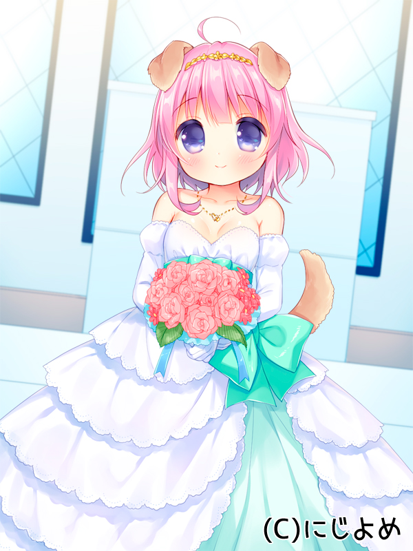 1girl ahoge animal_ears aqua_bow bangs bare_shoulders blush bouquet bow closed_mouth collarbone day dog_ears dog_girl dog_tail dress eyebrows_visible_through_hair flower hair_between_eyes holding holding_bouquet looking_at_viewer off-shoulder_dress off_shoulder official_art outdoors pink_hair smile solo sunlight tail usashiro_mani valhalla_valkyries violet_eyes wedding_dress white_dress