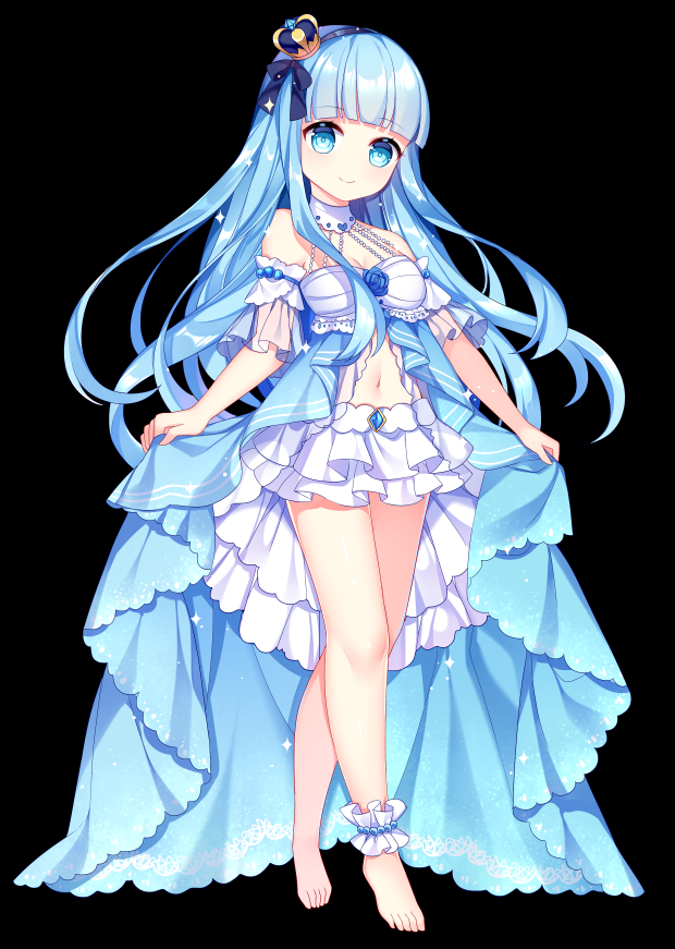 1girl ankle_garter bangs barefoot black_background blue_dress blue_eyes blue_hair blunt_bangs breasts chuor_(chuochuoi) cleavage closed_mouth detached_collar dress eyebrows_visible_through_hair halterneck head_tilt layered_skirt legs long_hair medium_breasts navel original see-through short_sleeves simple_background skirt skirt_hold smile solo standing tiptoes very_long_hair white_skirt
