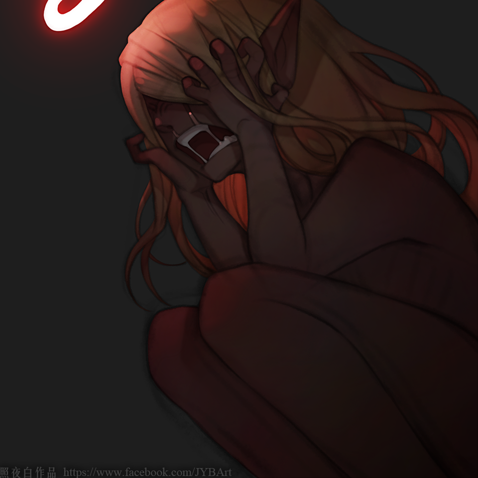 1girl blonde_hair chinese covered_face crying d: dark_skin facebook_username grey_background grimace hair_over_eyes halo hands_on_own_face hands_up legs_together long_hair nude open_mouth original pointy_ears saliva simple_background snot solo tears teeth watermark zhaoyebai