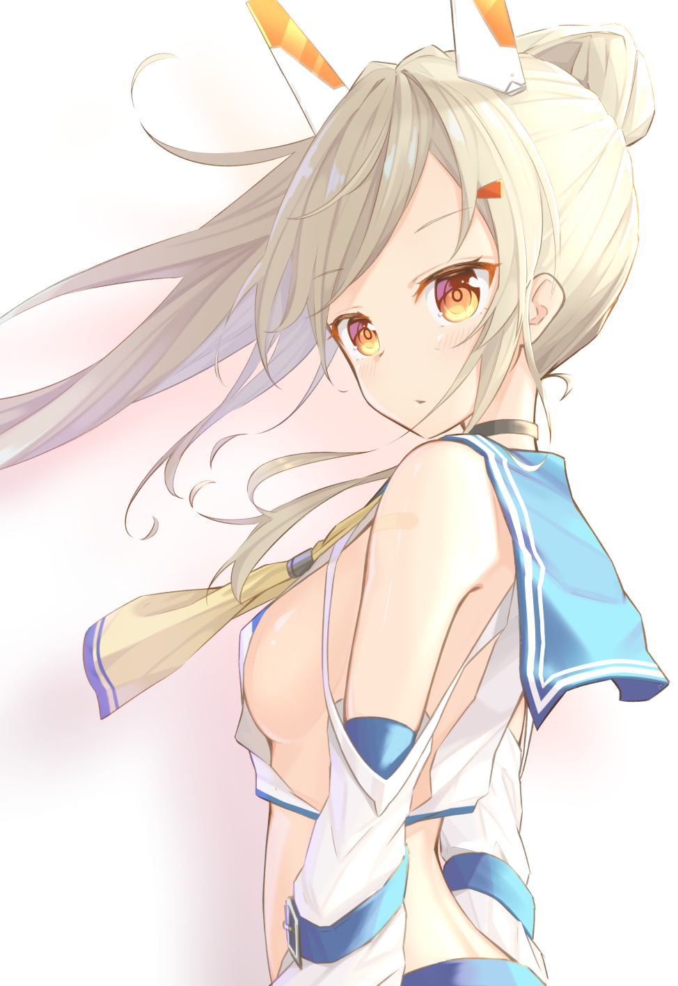 1girl ayanami_(azur_lane) azur_lane bangs blonde_hair blouse blush breasts crop_top eyebrows_visible_through_hair floating_hair from_side habu. headgear highres long_hair long_sleeves looking_back medium_breasts parted_lips ponytail sailor_collar shoulder_cutout sideboob sidelocks solo swept_bangs upper_body white_blouse yellow_eyes