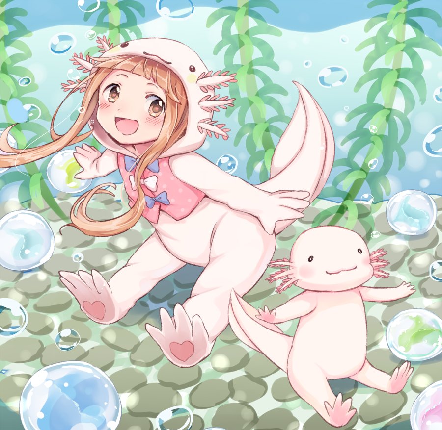 1girl :3 :d air_bubble animal animal_costume axolotl axolotl_costume bangs blunt_bangs bow brown_eyes brown_hair bubble commentary_request gum_(vivid_garden) hood ichihara_nina idolmaster idolmaster_cinderella_girls long_hair looking_at_viewer open_mouth outstretched_arms seaweed smile spread_arms underwear