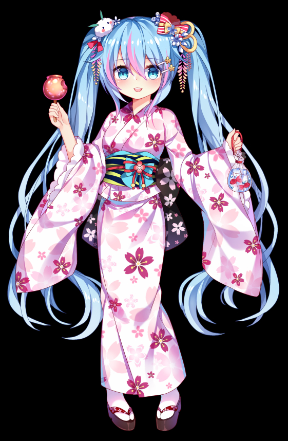 1girl :d bag bagged_fish bangs black_background black_footwear blue_eyes blue_hair blush candy_apple chuor_(chuochuoi) eyebrows_visible_through_hair fish floral_print food full_body hair_between_eyes hair_ornament hairclip hands_up japanese_clothes kimono long_hair long_sleeves looking_at_viewer multicolored_hair obi open_mouth original pink_hair pink_kimono print_kimono sash sidelocks simple_background smile socks solo standing streaked_hair tabi twintails upper_teeth very_long_hair white_legwear wide_sleeves zouri