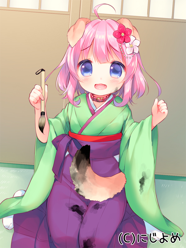 1girl :3 :d animal_ears blush calligraphy_brush dog_ears dog_girl dog_tail flower green_kimono hair_flower hair_ornament hakama holding_brush ink japanese_clothes kimono long_sleeves looking_at_viewer official_art open_mouth paintbrush pink_hair purple_hakama smile socks solo tabi tail usashiro_mani valhalla_valkyries violet_eyes white_legwear wide_sleeves