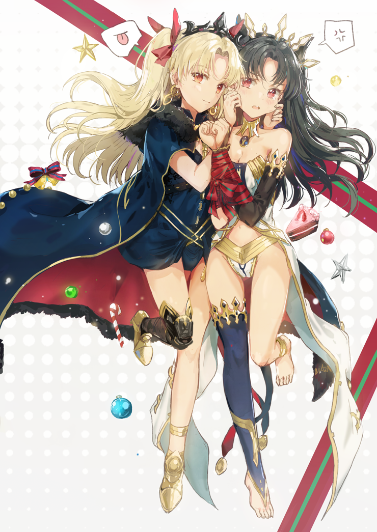 2girls :p armlet asymmetrical_legwear asymmetrical_sleeves black_cape black_hair black_ribbon blonde_hair blush cape cheek_pinching crown dangmill earrings elbow_gloves ereshkigal_(fate/grand_order) fate/grand_order fate_(series) gloves hair_ribbon hoop_earrings ishtar_(fate/grand_order) jewelry looking_at_viewer multiple_girls navel pinching red_eyes ribbon siblings single_elbow_glove single_thighhigh sisters tears thigh-highs toeless_legwear tohsaka_rin tongue tongue_out twintails