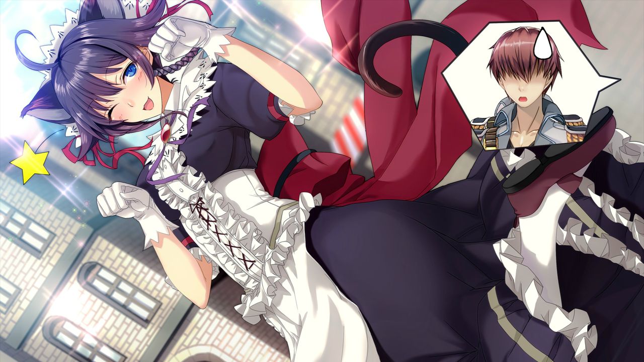 1boy 1girl ;d ahoge animal_ears blush braid brown_footwear brown_hair building cat_ears cat_tail dutch_angle epaulettes gloves hair_over_eyes hands_up looking_at_viewer maid official_art one_eye_closed open_mouth outdoors paw_pose protagonist_(x-overd) purple_hair smile speech_bubble standing standing_on_one_leg star sweatdrop tail veronica_(x-overd) white_gloves white_legwear x-overd
