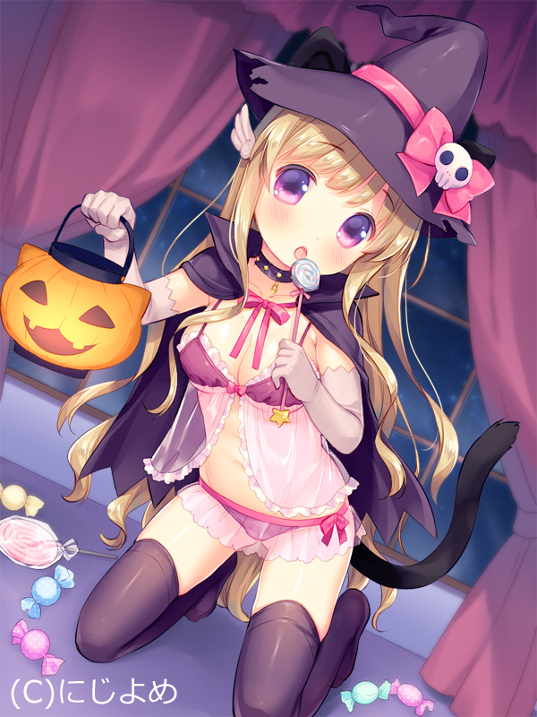1girl animal_ears babydoll bangs black_cape black_choker black_hat black_legwear blonde_hair blush bow bow_bra bra breasts candy cape cat_ears cat_girl cat_tail collarbone curtains elbow_gloves eyebrows_visible_through_hair food gloves halloween_basket hat hat_bow head_tilt holding_basket indoors jack-o'-lantern licking lollipop long_hair looking_at_viewer medium_breasts official_art panties parted_lips pink_bow pink_ribbon purple_bra purple_panties ribbon saliva see-through skull solo swirl_lollipop tail thigh-highs tongue tongue_out underwear usashiro_mani valhalla_valkyries very_long_hair violet_eyes white_gloves window wing_hair_ornament witch_hat
