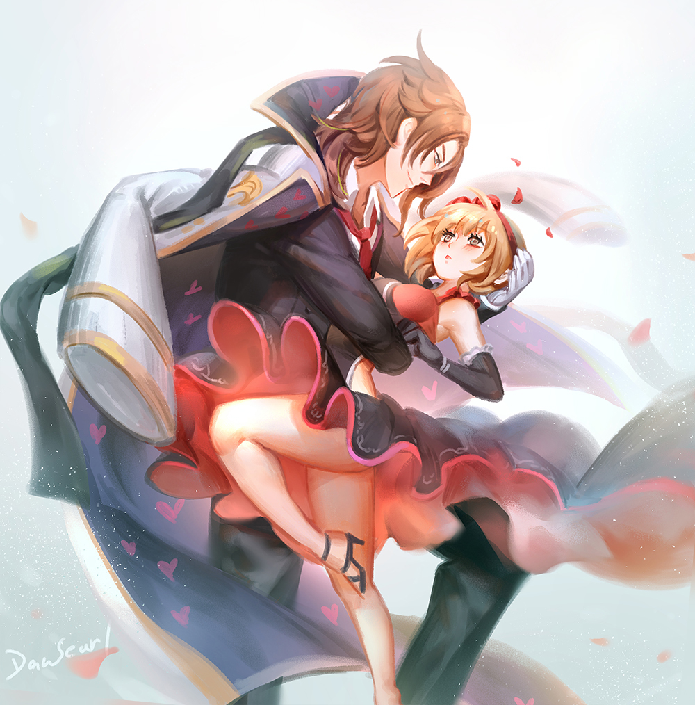 1boy 1girl arm_around_waist artist_name black_gloves black_pants blonde_hair blush breasts brown_eyes brown_hair closed_mouth collared_shirt dansearl djeeta_(granblue_fantasy) dress elbow_gloves formal frilled_gloves frills gloves granblue_fantasy hair_ribbon hand_on_another's_head heart jacket_on_shoulders long_sleeves looking_at_another medium_breasts necktie pants parted_lips percival_(granblue_fantasy) petals profile red_neckwear red_ribbon ribbon shirt short_hair smile suit white_gloves white_shirt wing_collar