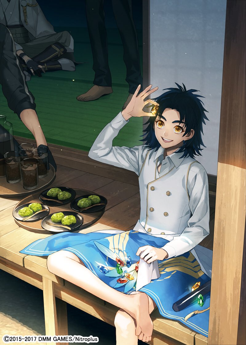 4boys barefoot black_gloves blue_hair cup drink drinking_glass feathers food gem gloves indian_style male_focus multiple_boys nitroplus official_art ookurikara open_mouth out_of_frame partly_fingerless_gloves shokudaikiri_mitsutada sitting sliding_doors smile taikogane_sadamune toichi_(ik07) touken_ranbu tray tsurumaru_kuninaga waistcoat yellow_eyes