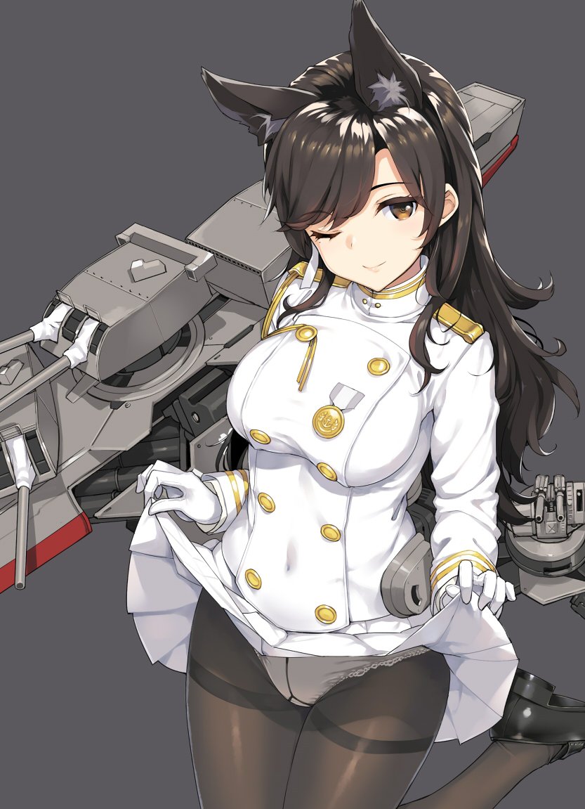 1girl animal_ears atago_(azur_lane) azur_lane bangs black_hair black_legwear blush breasts brown_eyes closed_mouth commentary_request cosplay gloves gusset large_breasts long_hair looking_at_viewer machinery military military_uniform miniskirt mole mole_under_eye one_eye_closed panties panties_under_pantyhose pantyhose pleated_skirt ribbon skirt skirt_lift smile solo swept_bangs takao_(azur_lane) takao_(azur_lane)_(cosplay) takayaki thighband_pantyhose turret underwear uniform white_gloves white_panties white_ribbon