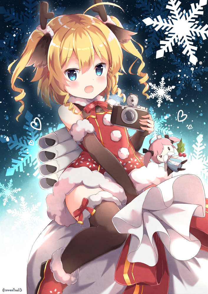 &gt;_o 1girl ahoge animal_ears antlers azur_lane bangs black_bow black_legwear blonde_hair blue_eyes blush boots bow bow_legwear camera character_doll christmas commentary_request dress drill_hair elbow_gloves eyebrows_visible_through_hair fake_mustache fur-trimmed_boots fur-trimmed_dress fur-trimmed_gloves fur-trimmed_legwear fur_collar fur_trim gloves gridley_(azur_lane) hair_bow heart holly looking_at_viewer machinery neck_ribbon niwasane_(saneatsu03) one_eye_closed pink_hair pom_pom_(clothes) red_dress red_footwear red_ribbon reindeer_antlers reindeer_ears ribbon rigging sack santa_costume saratoga_(azur_lane) sitting sitting_on_object sleeveless snowflake_background solo thigh-highs twintails twitter_username two_side_up