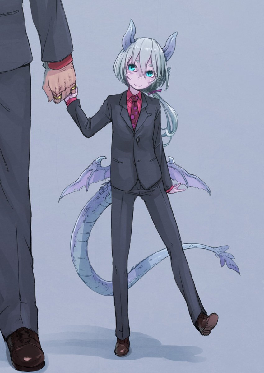 1boy 1girl aqua_eyes black_jacket black_pants blue_background brown_footwear child closed_mouth collared_shirt dragon_girl dragon_horns dragon_tail dragon_wings formal hand_holding head_tilt highres horns jacket jewelry long_hair long_sleeves looking_at_viewer low_wings monster_girl necktie nukomasu original pant_suit pants ponytail purple_neckwear purple_skin red_shirt ring shirt shoes silver_hair simple_background smile standing standing_on_one_leg suit tail wing_collar wings