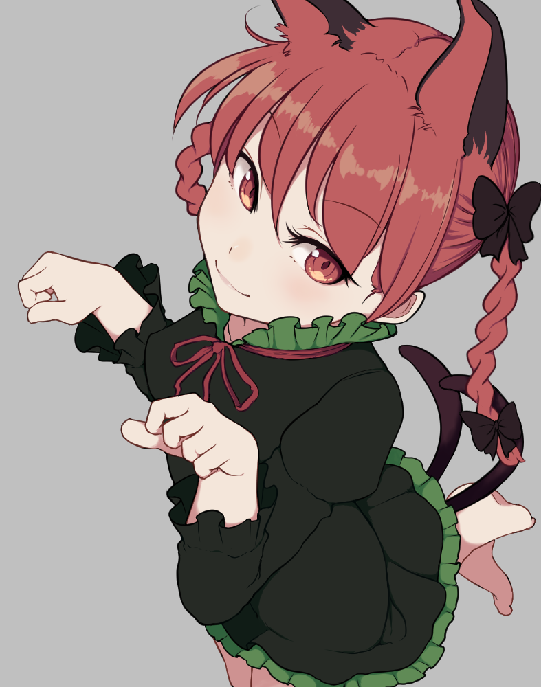 1girl animal_ears black_bow black_dress bow braid cat_ears cat_tail collarbone dress extra_ears eyebrows_visible_through_hair frilled_dress frilled_shirt_collar frilled_sleeves frills from_above from_below grey_background hair_between_eyes hair_bow kaenbyou_rin looking_at_viewer marsen multiple_tails neck_ribbon paw_pose red_eyes red_neckwear red_ribbon redhead ribbon simple_background smile solo tail touhou twin_braids