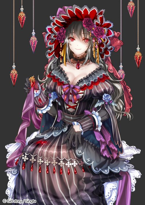 1girl black_dress black_gloves breasts copyright_name dress flower gloves grey_hair hat interitio jewelry looking_at_viewer medium_breasts necklace official_art red_eyes sid_story sitting solo striped striped_dress