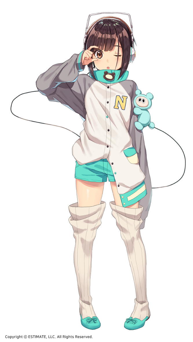 1girl ;o aqua_shorts arm_up bangs blunt_bangs blush boots brown_eyes brown_hair buttons cable full_body hands_in_sleeves headphones jacket kim_bae-eo legs_apart long_sleeves looking_at_viewer official_art one_eye_closed open_mouth oversized_clothes partially_unbuttoned pigeon-toed pocket raglan_sleeves short_hair shorts sidelocks simple_background sleeves_past_wrists standing striped stuffed_toy thigh-highs thigh_boots vertical_stripes very_long_sleeves vocaloid white_background white_footwear white_jacket yumemi_nemu