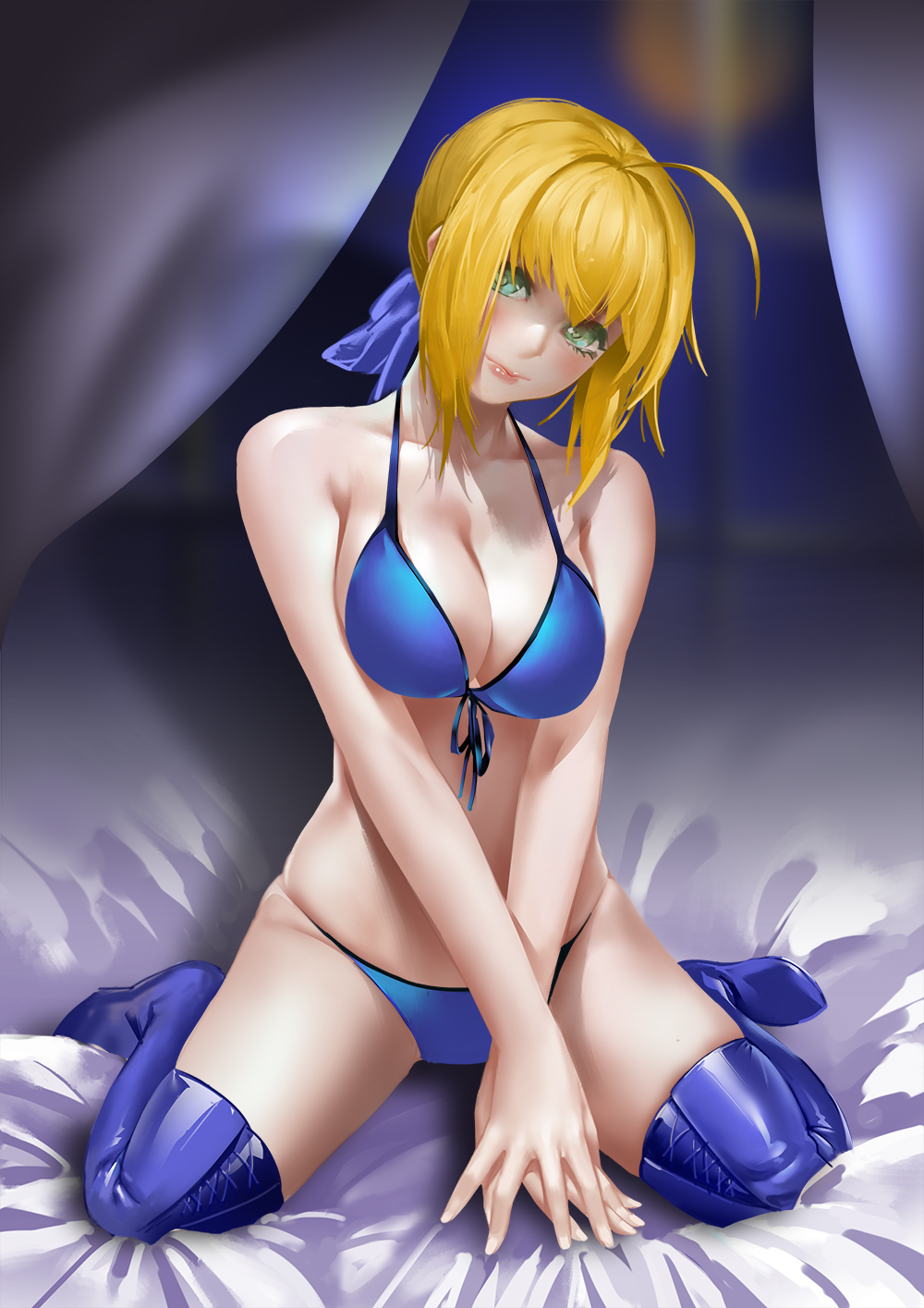 1girl ahoge alternate_breast_size artoria_pendragon_(all) bangs bed_sheet blonde_hair blue_bra blue_legwear blue_panties blue_ribbon bra breasts cleavage closed_mouth collarbone curtains fate/stay_night fate_(series) full_body green_eyes hair_ribbon highres hq19910119 large_breasts lips looking_at_viewer no_shoes own_hands_together panties ribbon saber short_hair sidelocks sitting skindentation smile solo thigh-highs underwear underwear_only v_arms wariza