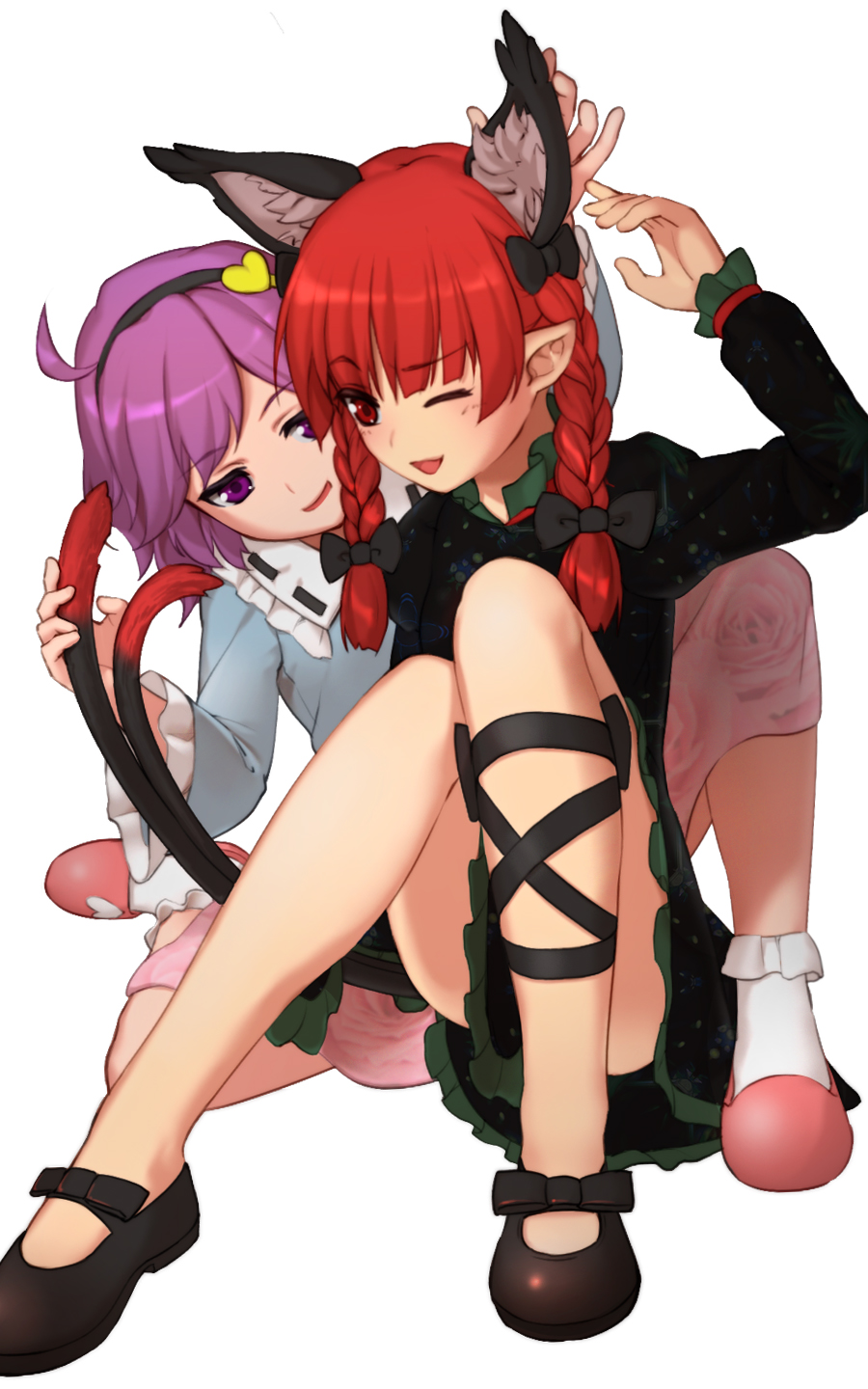 2girls ahoge animal_ears black_bow black_footwear black_hairband blue_shirt bow braid cat_ears dress frills green_dress hair_bow hair_ornament hairband heart_hair_ornament highres juliet_sleeves kaenbyou_rin komeiji_satori long_sleeves looking_at_another mikami_yuuki_(nl8you) multiple_girls multiple_tails one_eye_closed open_mouth pink_footwear pink_hair pink_skirt pointy_ears puffy_sleeves red_eyes redhead shirt shoes sitting skirt smile socks tail touhou twin_braids twintails two_tails violet_eyes white_legwear