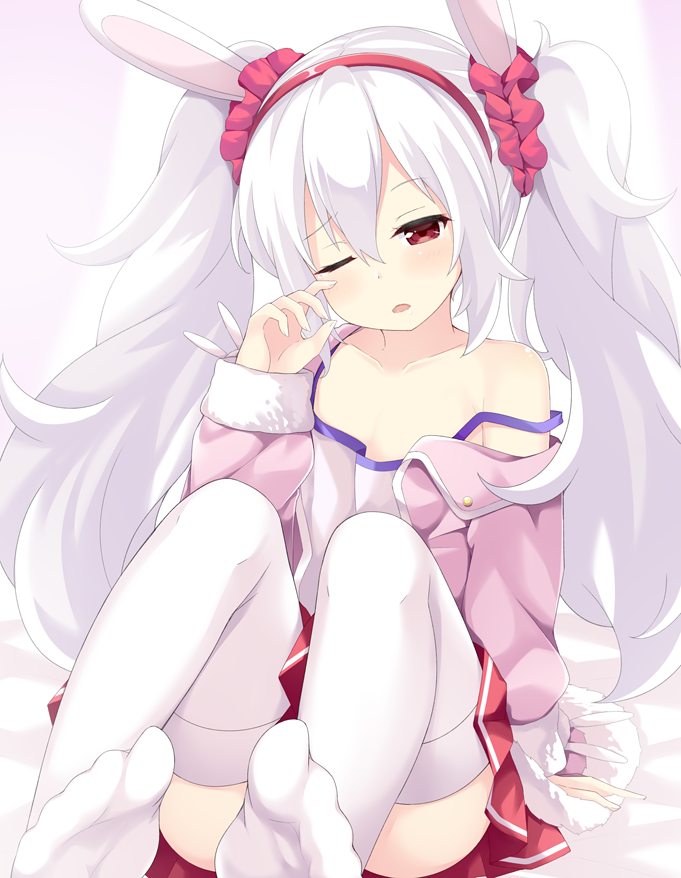 1girl animal_ears arm_support azur_lane bangs bare_shoulders collarbone commentary_request eyebrows_visible_through_hair hair_between_eyes hair_ornament hair_scrunchie hairband head_tilt jacket laffey_(azur_lane) long_hair long_sleeves looking_at_viewer maccha no_shoes off_shoulder one_eye_closed parted_lips pink_jacket pleated_skirt rabbit_ears red_eyes red_hairband red_scrunchie red_skirt rubbing_eyes scrunchie sitting skirt solo strapless thigh-highs very_long_hair white_hair white_legwear