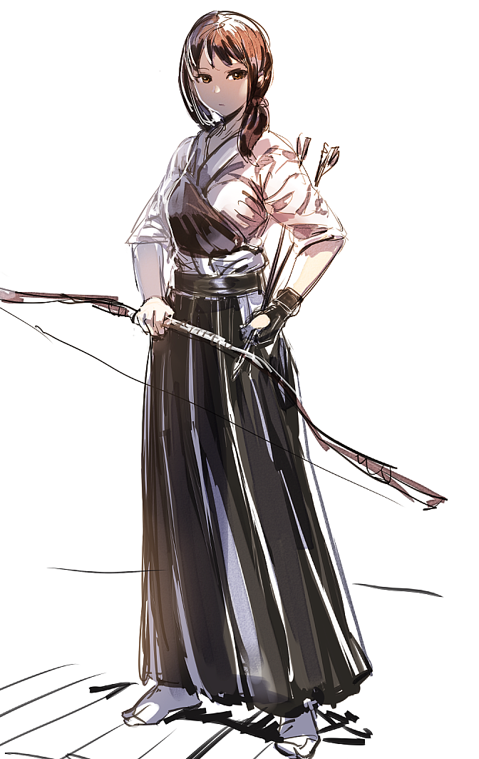 1girl archery arrow bangs bow_(bhp) bow_(weapon) brown_eyes brown_hair closed_mouth full_body geta hakama holding holding_bow_(weapon) holding_weapon japanese_clothes looking_at_viewer muneate original simple_background sketch sleeves_rolled_up solo standing weapon white_background white_legwear