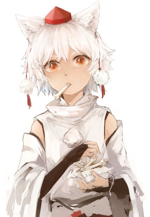 1girl black_gloves bone bridal_gauntlets commentary_request detached_sleeves elbow_gloves gloves hat inubashiri_momiji japanese_clothes looking_at_viewer mouth_hold orange_eyes short_hair simple_background solo sweatdrop tokin_hat touhou upper_body wataichi_meko white_background white_hair wide-eyed