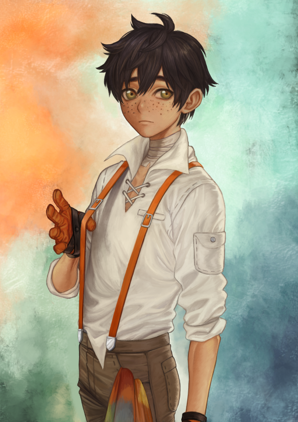 1boy bandage brown_hair closed_mouth fishiebug freckles gloves green_eyes hair_between_eyes looking_to_the_side male_focus messy_hair orange_gloves oscar_pine rag rwby shirt sleeves_rolled_up solo suspenders tan thick_eyebrows white_shirt