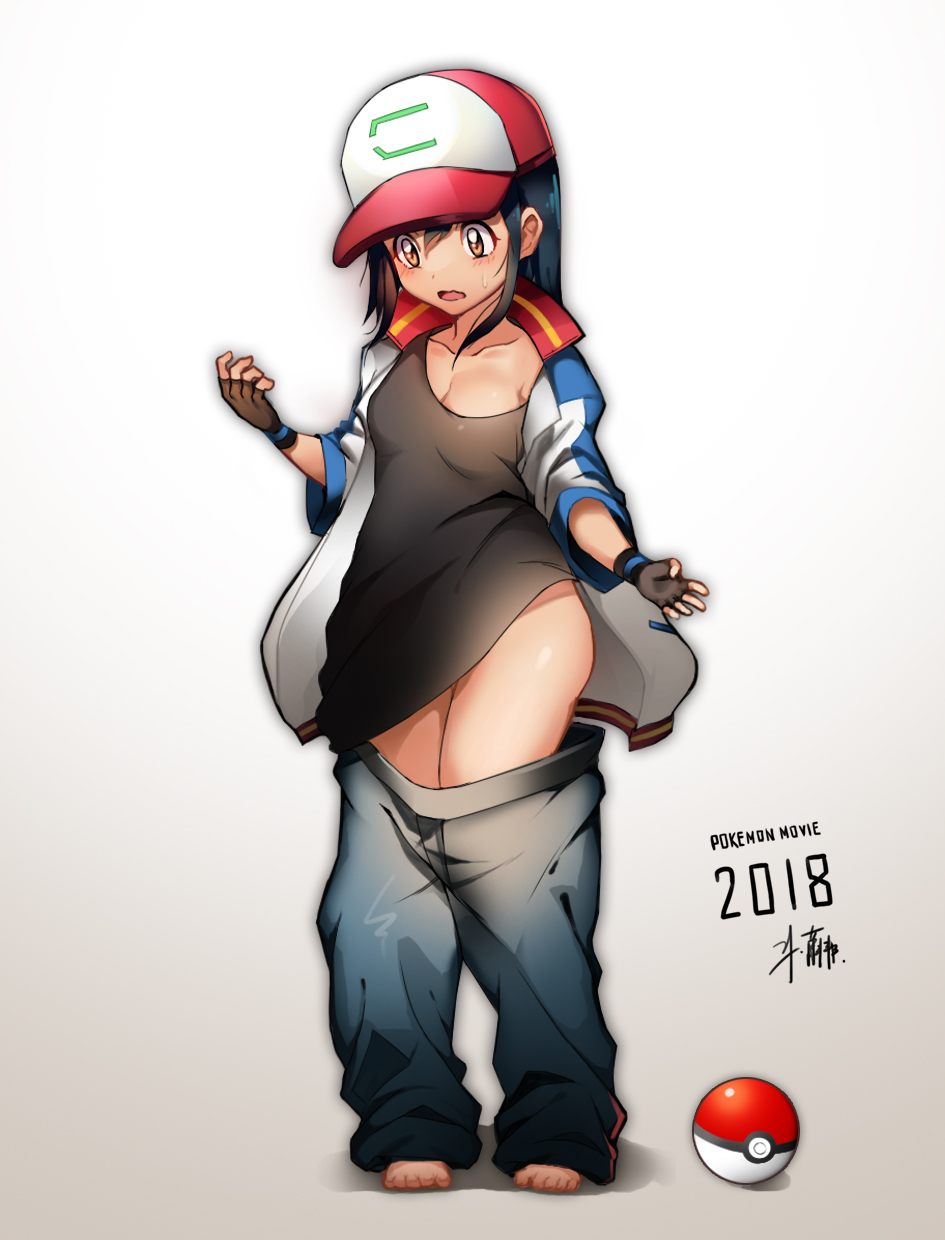 1girl barefoot baseball_cap black_hair blush breasts brown_eyes cleavage embarrassed feet fingerless_gloves full_body genderswap genderswap_(mtf) gloves hat highres jacket long_hair long_sleeves looking_down open_mouth pants_down poke_ball pokemon pokemon:_minna_no_monogatari pokemon_(anime) satoshi_(pokemon) satoshi_(pokemon:_minna_no_monogatari) strap_slip sweatdrop tank_top